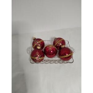 5 VTG 3" West Germany solid burgundy red Glass Ornaments gold trim floral design